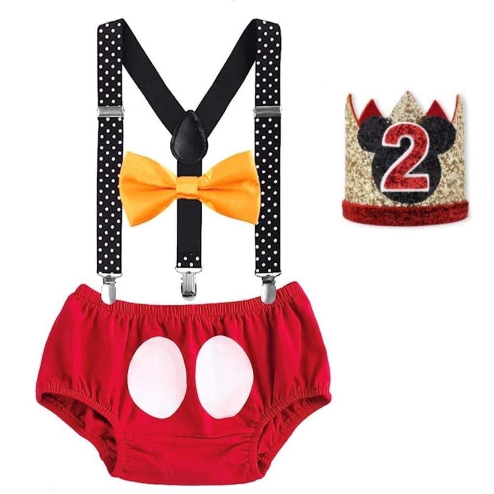 Mickey Mouse Boy Smash Cake Birthday Outfit Clothes Suspenders Disney Crown